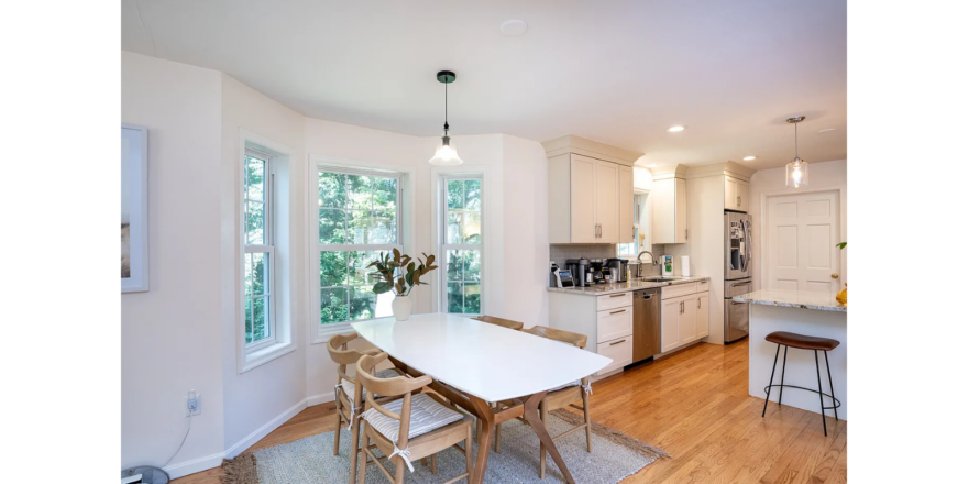 a kitchen with a table and chairs in it