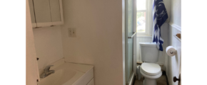 a bathroom with a toilet, sink and mirror