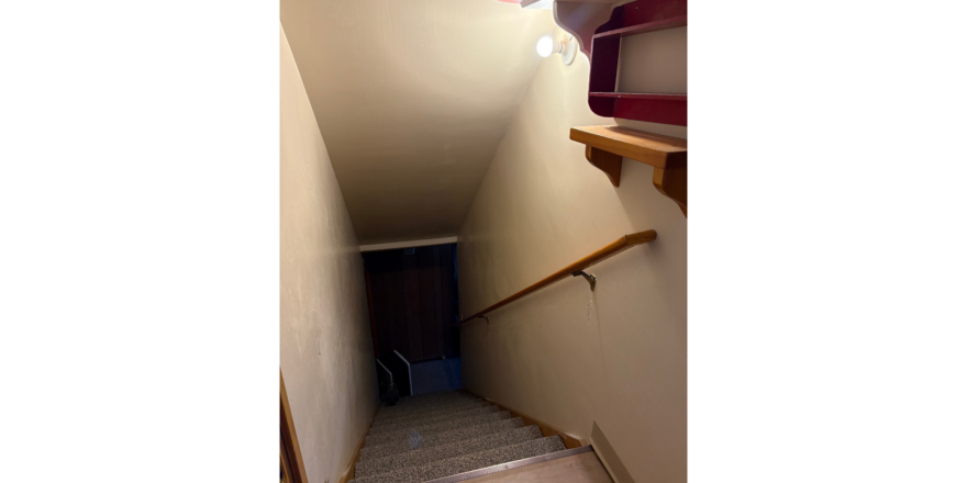 a long narrow hallway with a light on the ceiling