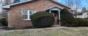 a brick house with two bushes in front of it