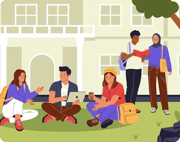 a group of people sitting on the grass in front of a building