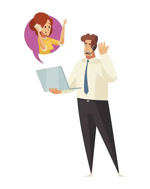 a man holding a laptop and a woman with a speech bubble above his head