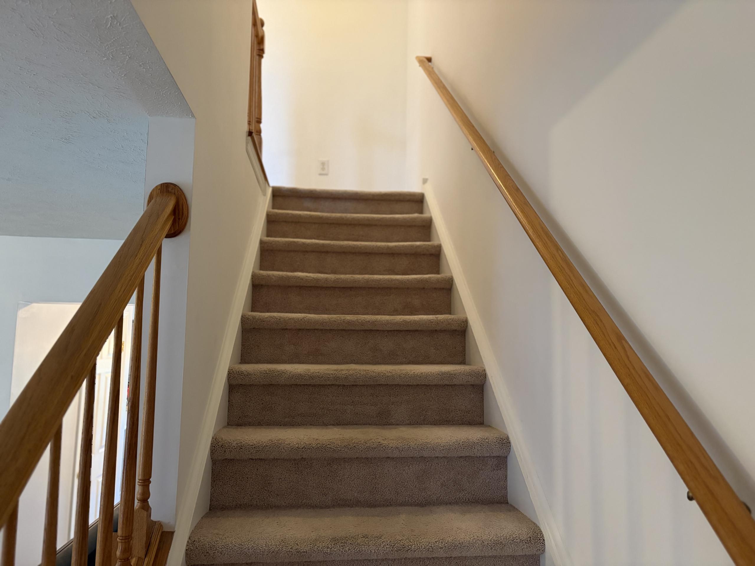 Carpeted staircase with wooden banister