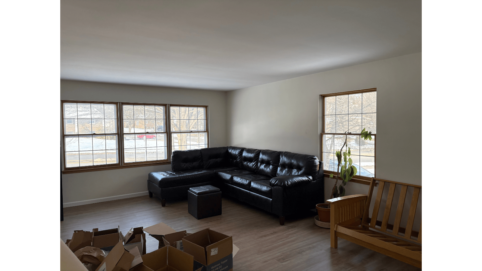 Living room with black sectional sofa
