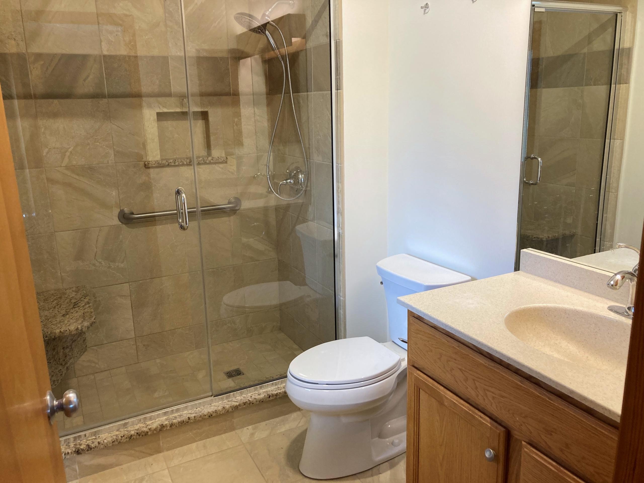 Modern bathroom with walk-in shower and vanity