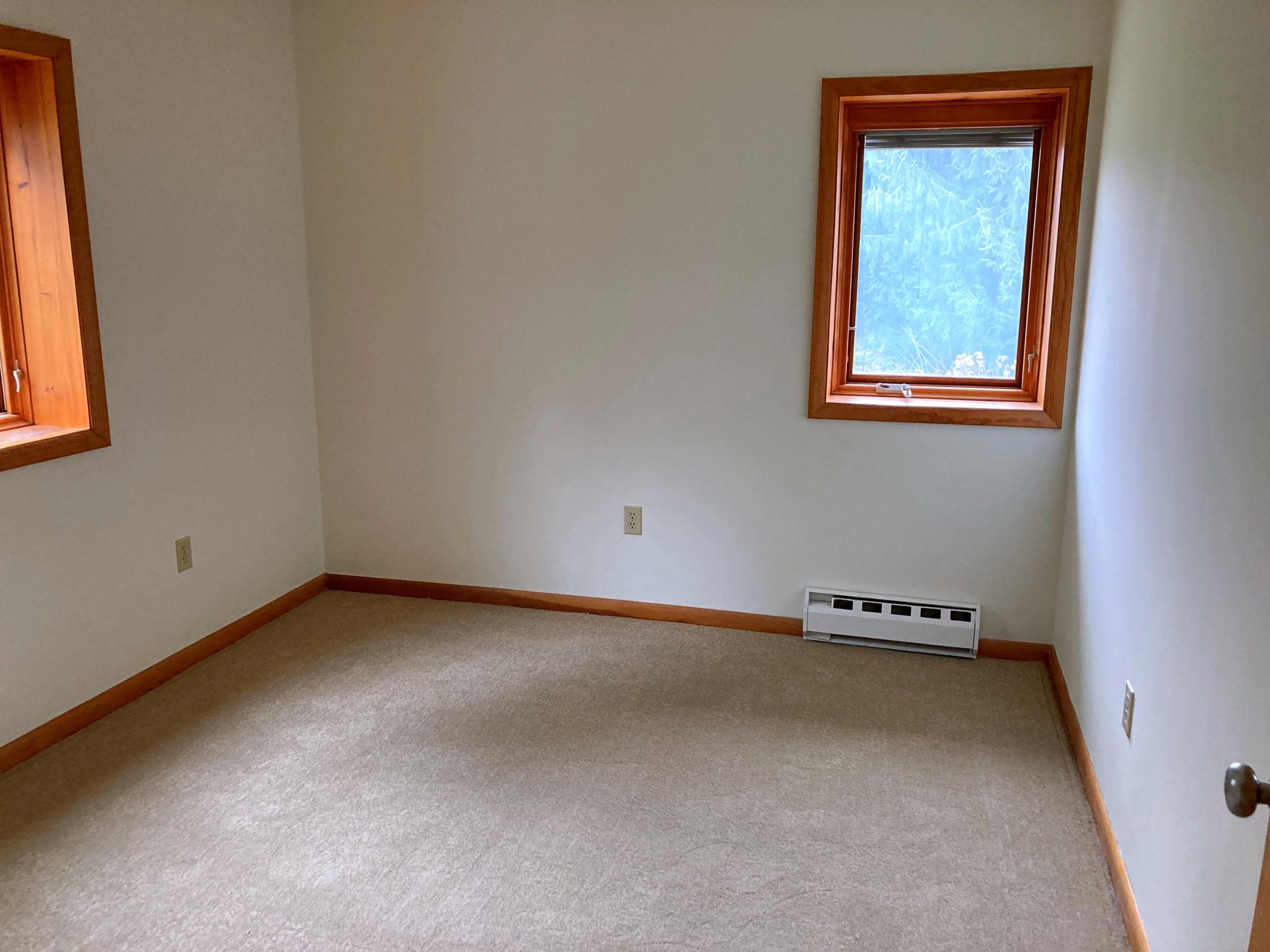 Empty room with two windows and carpet