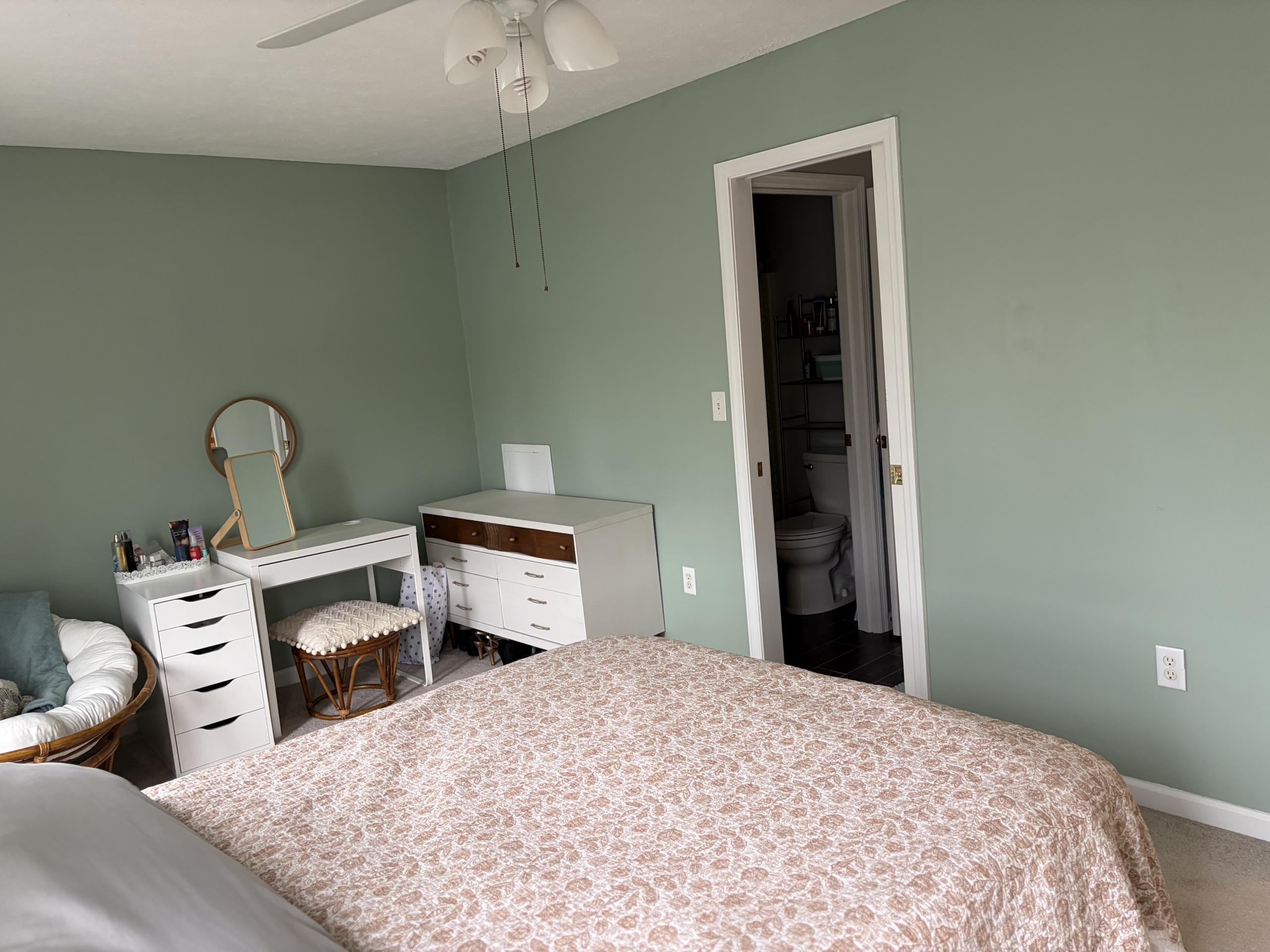 Bedroom with green walls and a vanity.