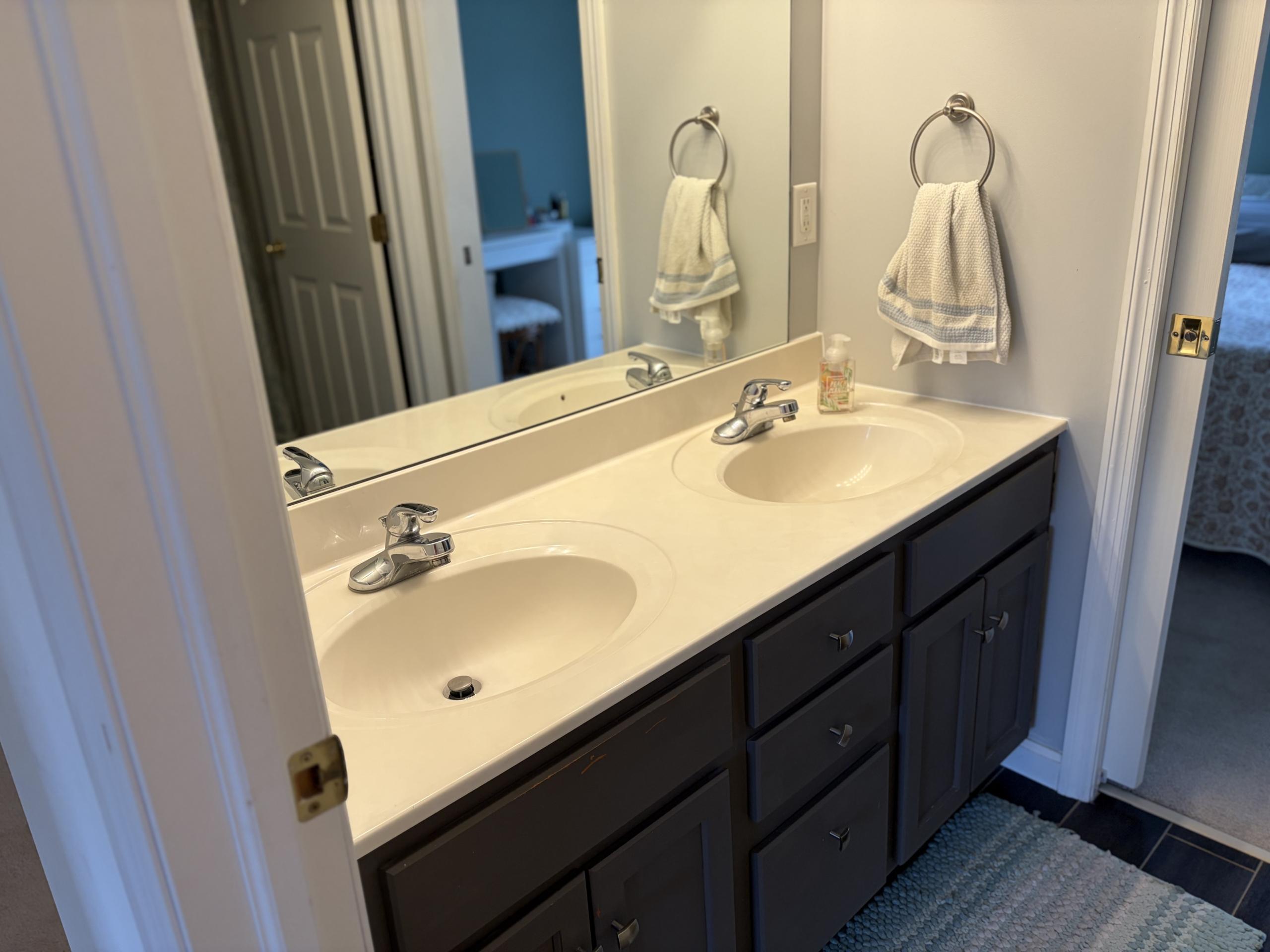 Double vanity bathroom with gray cabinets