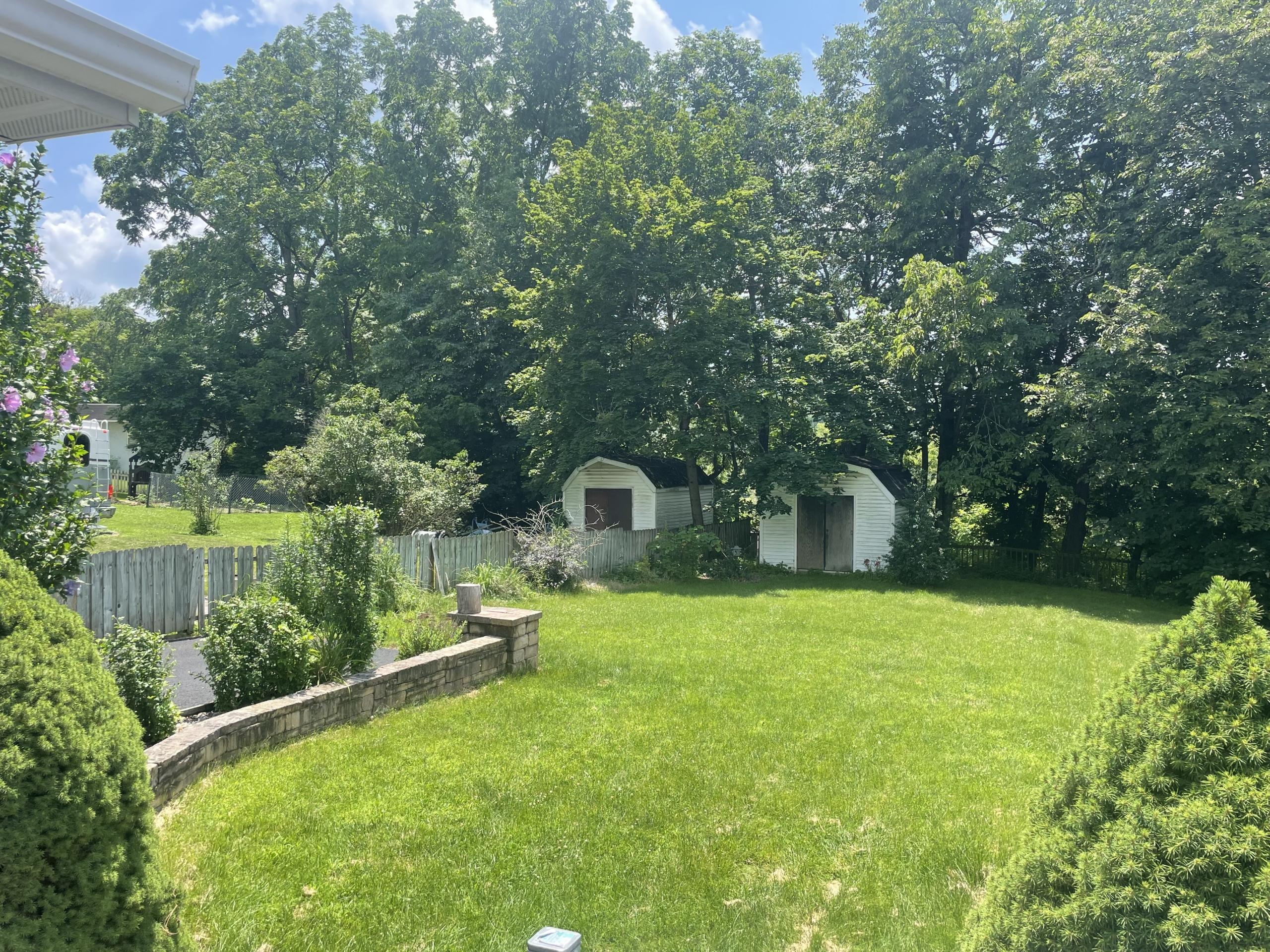 Backyard with two sheds and lush trees