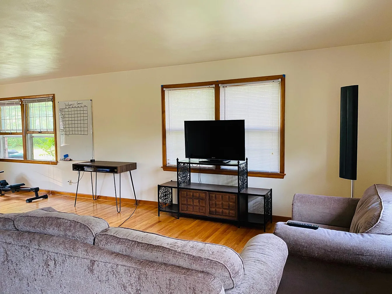 Living room with couch, TV stand, and windows