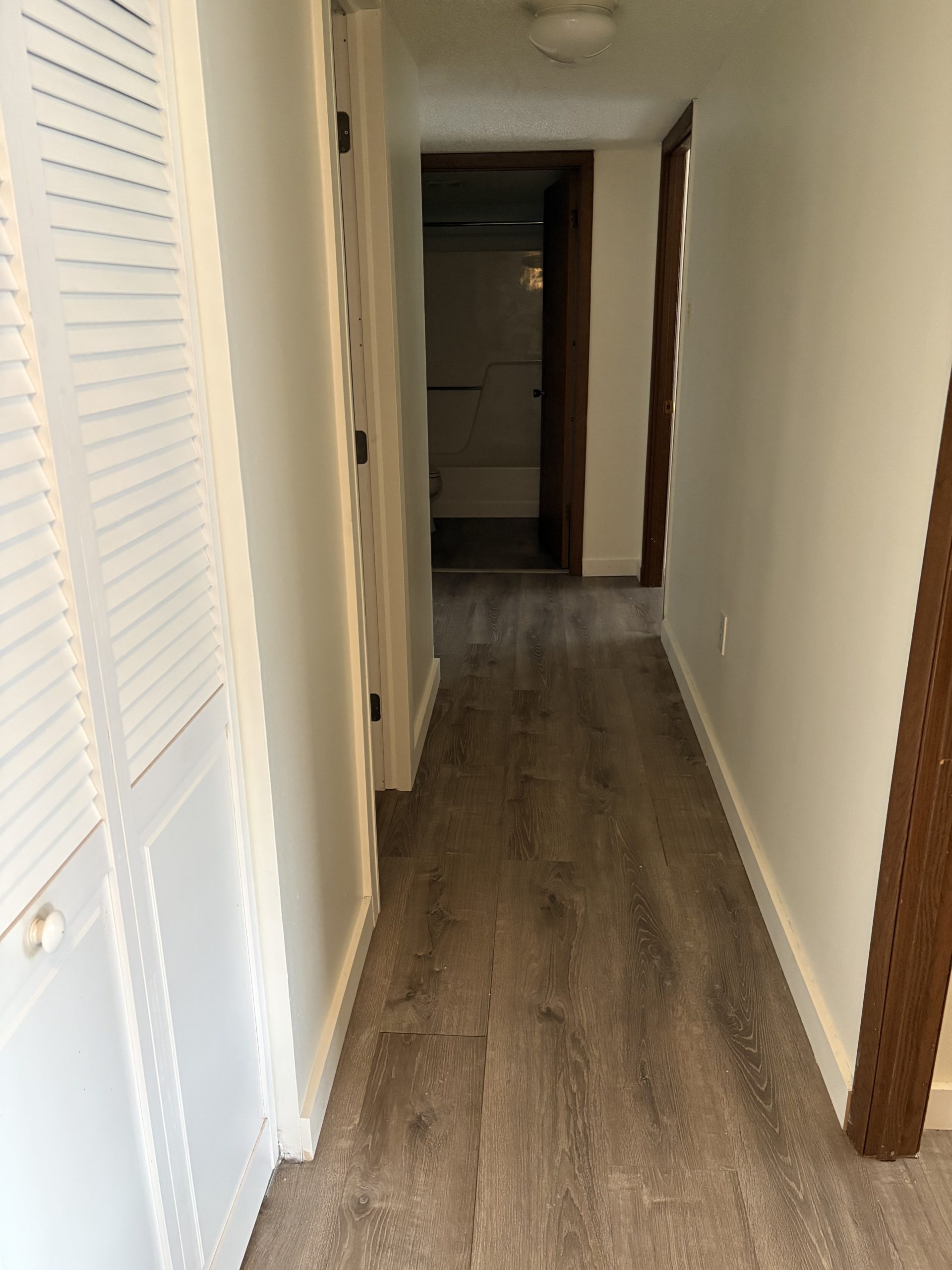 Hallway with doors and wood-look floor