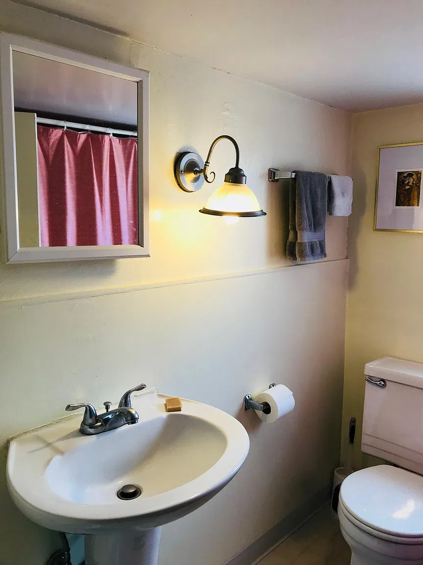 Bathroom sink, toilet, and vanity light