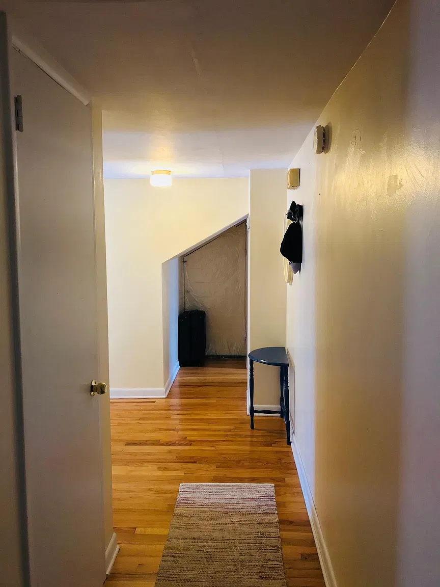 Hallway with wooden floors and rug